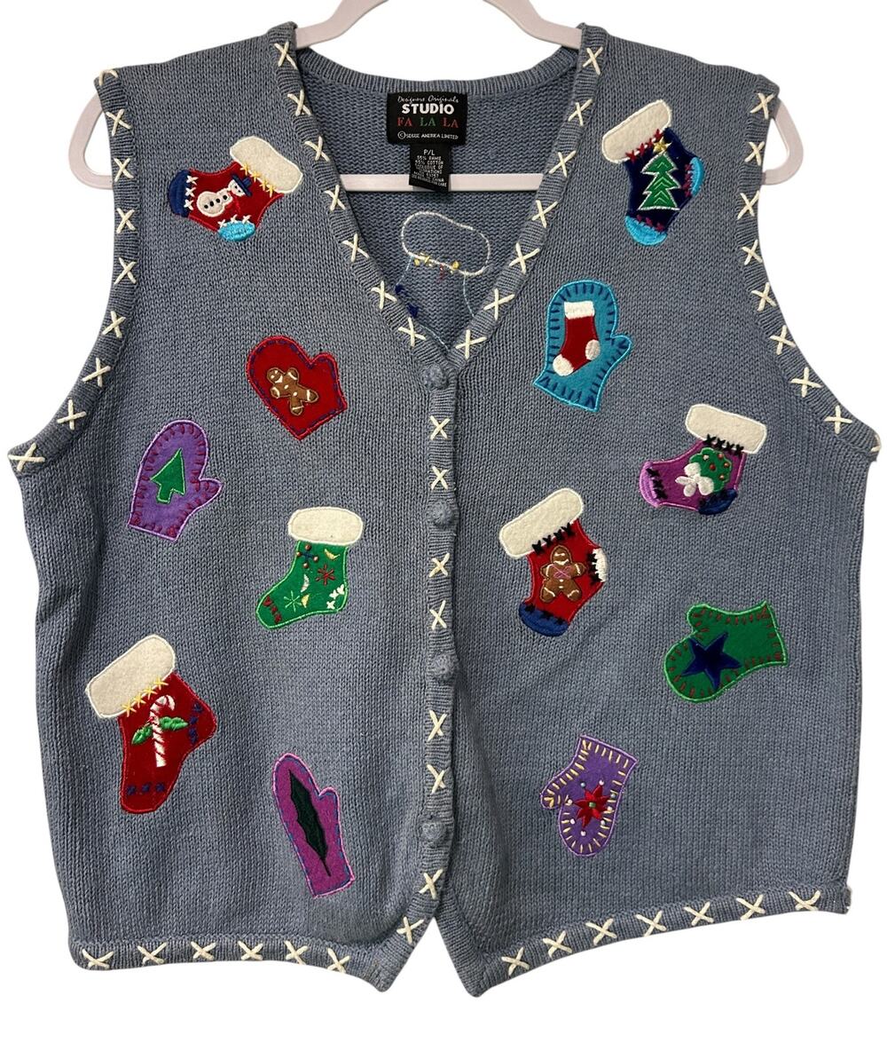 Vintage Studio Fa La La Sweater Vest Christmas Stocking Applique Blue P/L Artsy